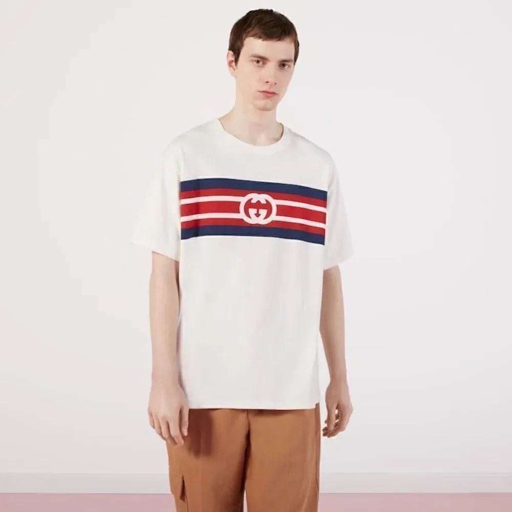 GUCCI AUTHENTIC INTERLOCKING G STRIPE PRINT T-SHIRT